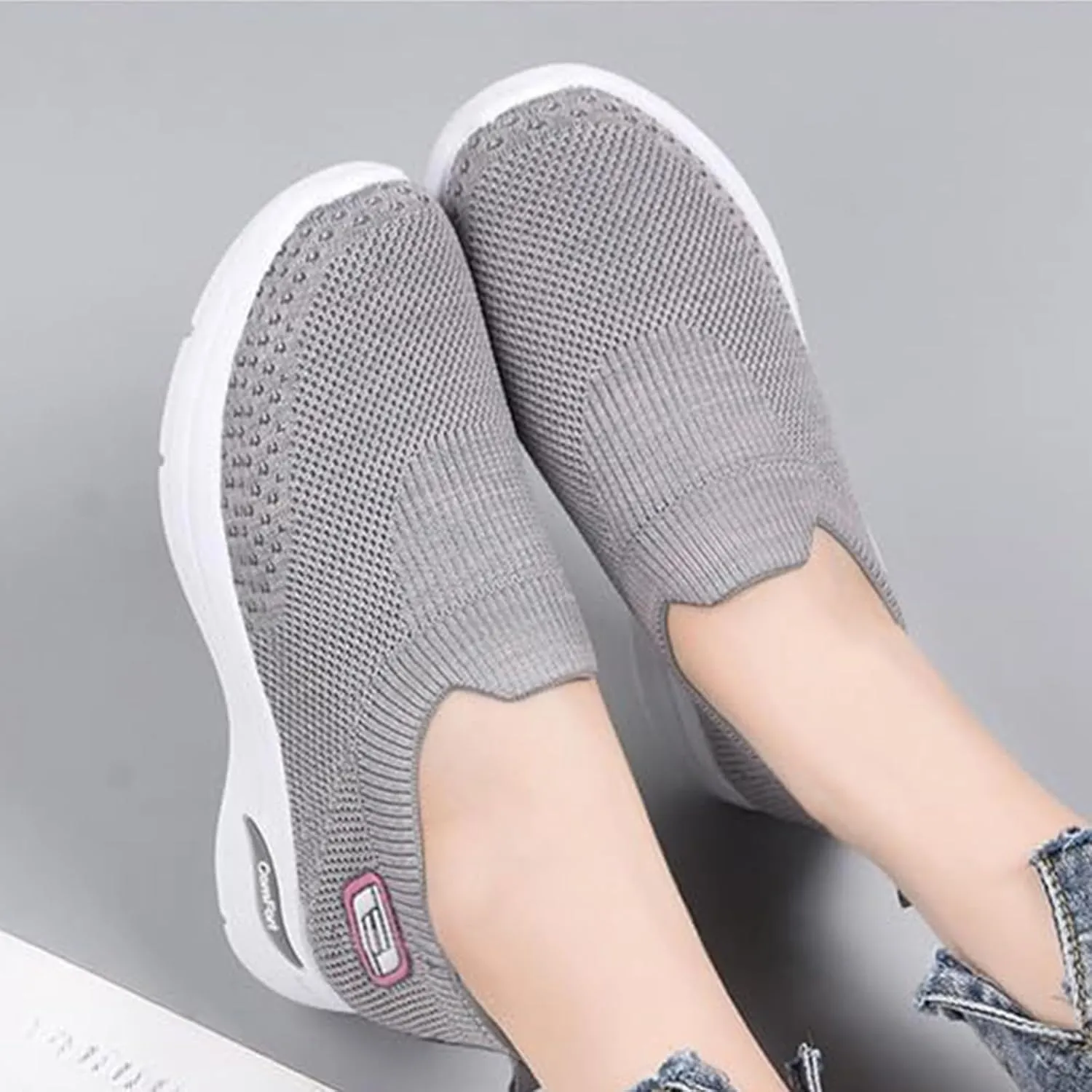 Womens Orthopedic Sneakers Slip On Arch Support Walking Shoes Comfortable Soft Sole Non Slip Low Top Tennis Shoes Mesh Breathable Lightweight Casual Sneakers