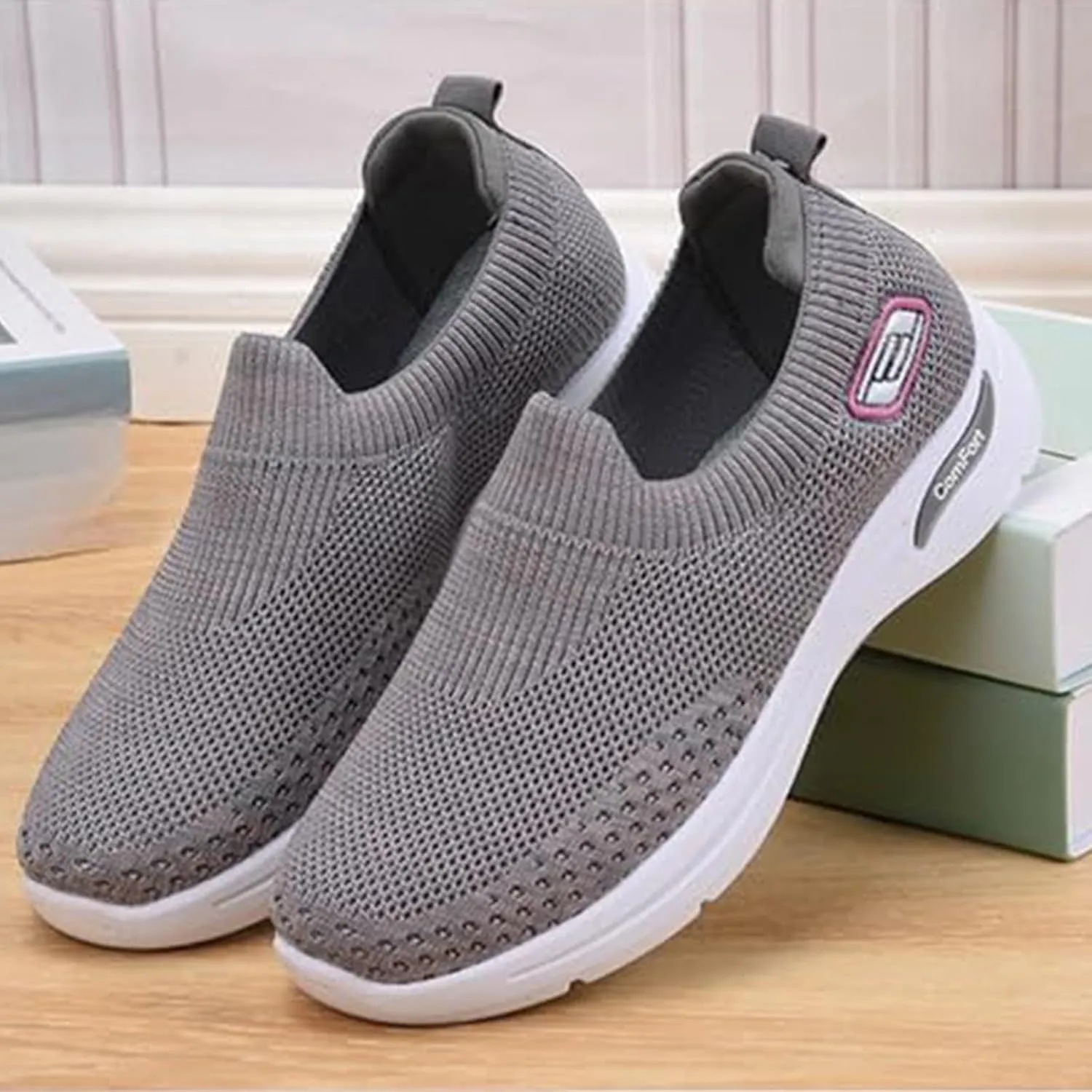 Womens Orthopedic Sneakers Slip On Arch Support Walking Shoes Comfortable Soft Sole Non Slip Low Top Tennis Shoes Mesh Breathable Lightweight Casual Sneakers