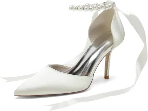 Women's Pearl Wedding Shoes for Bride High Heels Pointed Toe Bridal Shoes Satin Prom Party Dress Pumps Ribbon Tie Sandals