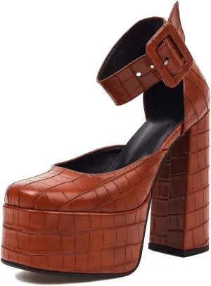 Womens Platform Chunky High Block Heels Ankle Strap Buckles Wedge Dress Pumps