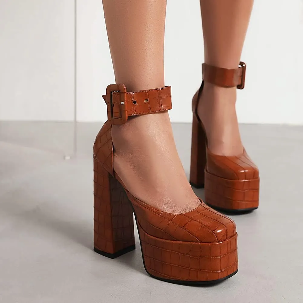 Womens Platform Chunky High Block Heels Ankle Strap Buckles Wedge Dress Pumps