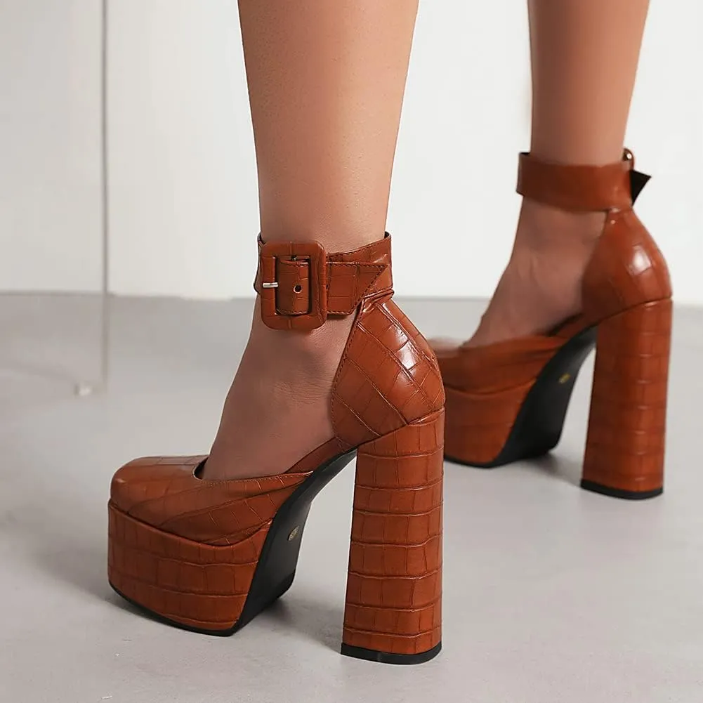 Womens Platform Chunky High Block Heels Ankle Strap Buckles Wedge Dress Pumps
