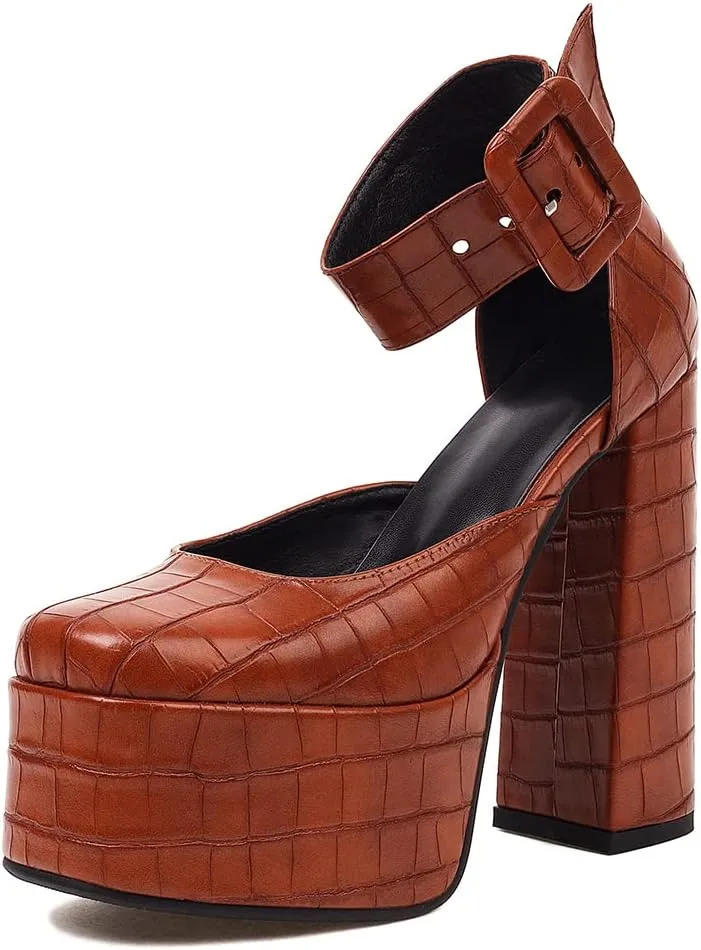 Womens Platform Chunky High Block Heels Ankle Strap Buckles Wedge Dress Pumps