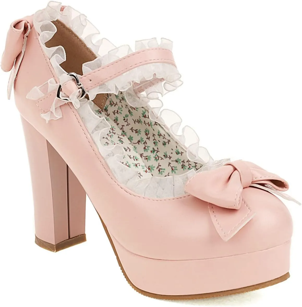 Women's Platform High Heel Lolita Pumps Lace Ankle Strap Cute Bowknot Uniform Mary Jane Dress Shoes