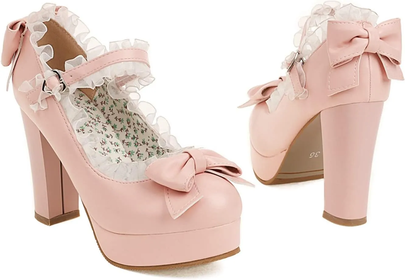 Women's Platform High Heel Lolita Pumps Lace Ankle Strap Cute Bowknot Uniform Mary Jane Dress Shoes