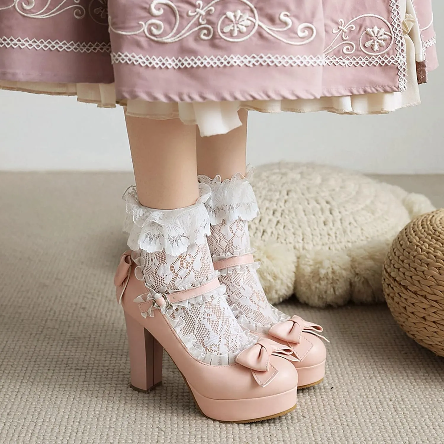 Women's Platform High Heel Lolita Pumps Lace Ankle Strap Cute Bowknot Uniform Mary Jane Dress Shoes