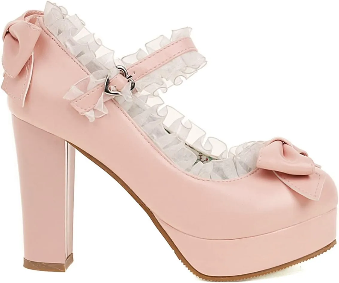 Women's Platform High Heel Lolita Pumps Lace Ankle Strap Cute Bowknot Uniform Mary Jane Dress Shoes
