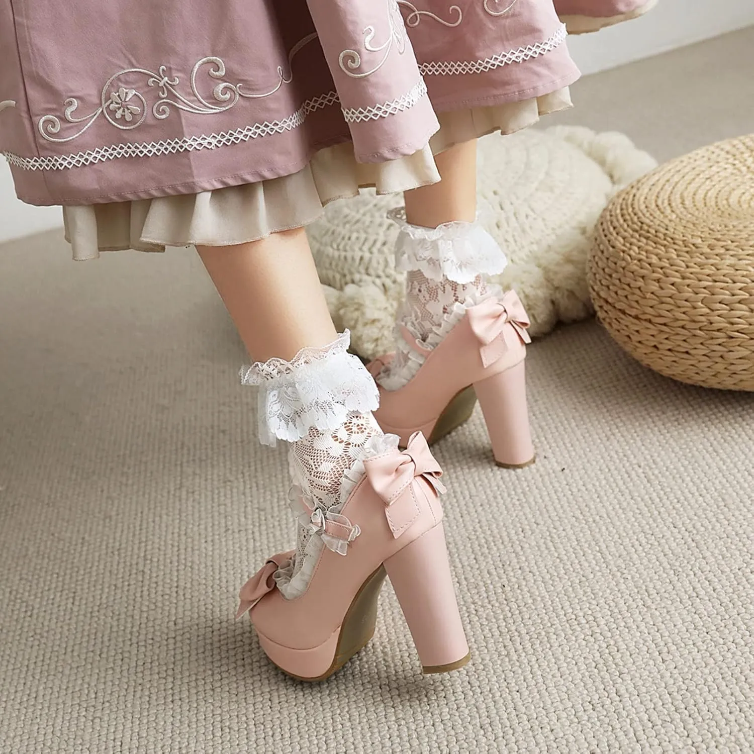 Women's Platform High Heel Lolita Pumps Lace Ankle Strap Cute Bowknot Uniform Mary Jane Dress Shoes