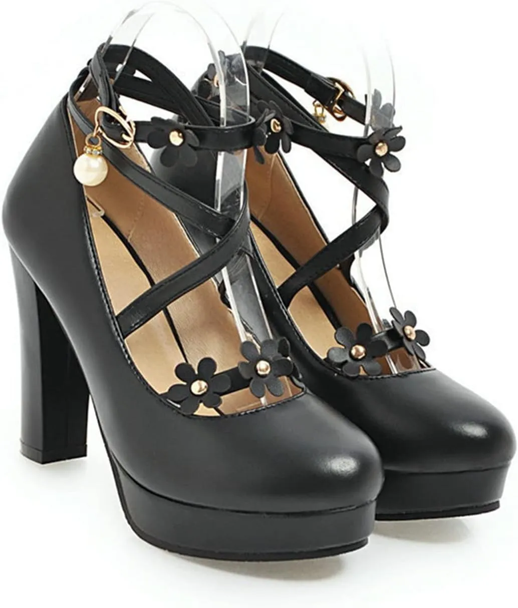 Women's Platform High Heel Pumps Fashion Flower Criss Cross Strappy Round Toe Fashion Party Dress Shoes