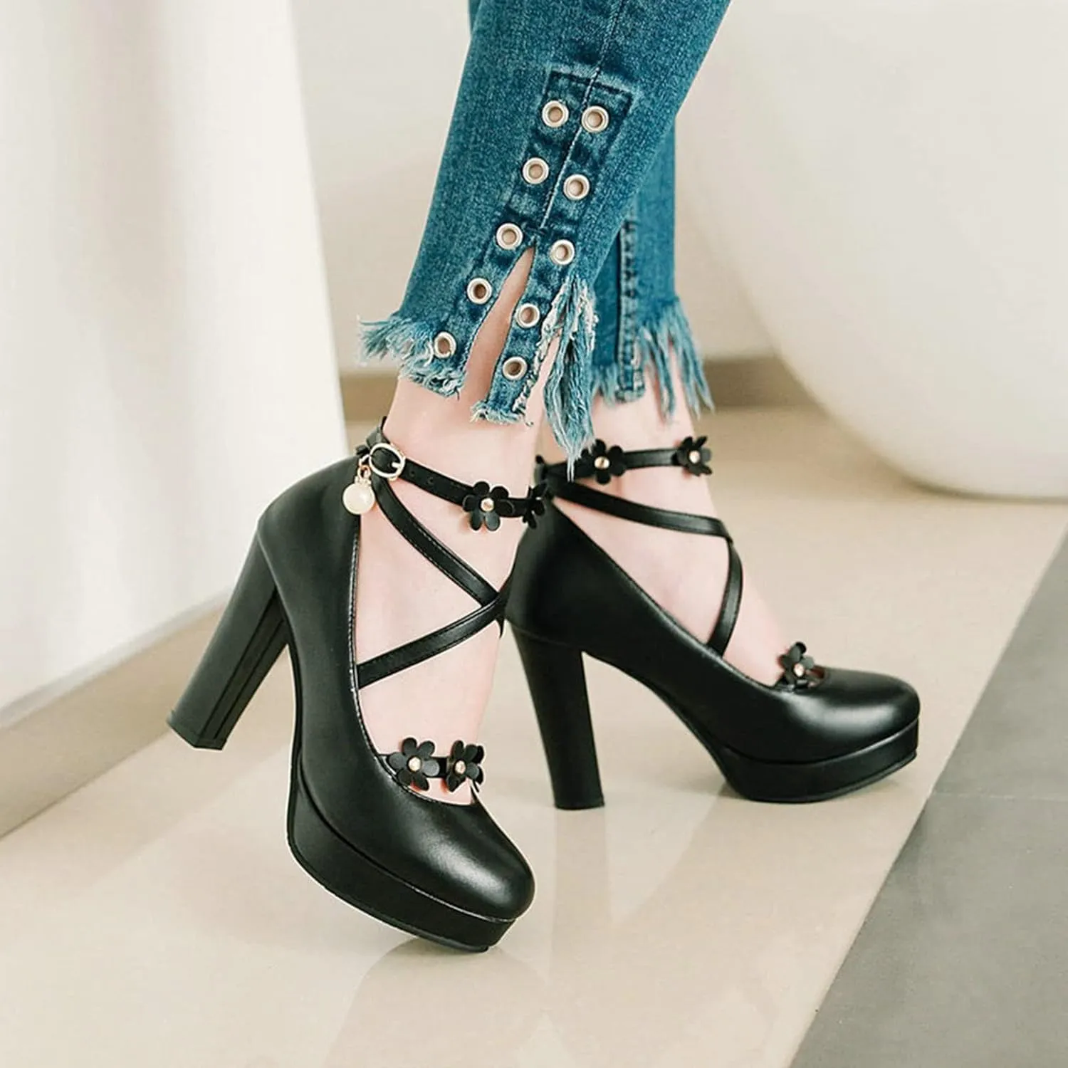 Women's Platform High Heel Pumps Fashion Flower Criss Cross Strappy Round Toe Fashion Party Dress Shoes