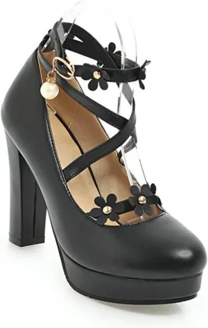 Women's Platform High Heel Pumps Fashion Flower Criss Cross Strappy Round Toe Fashion Party Dress Shoes