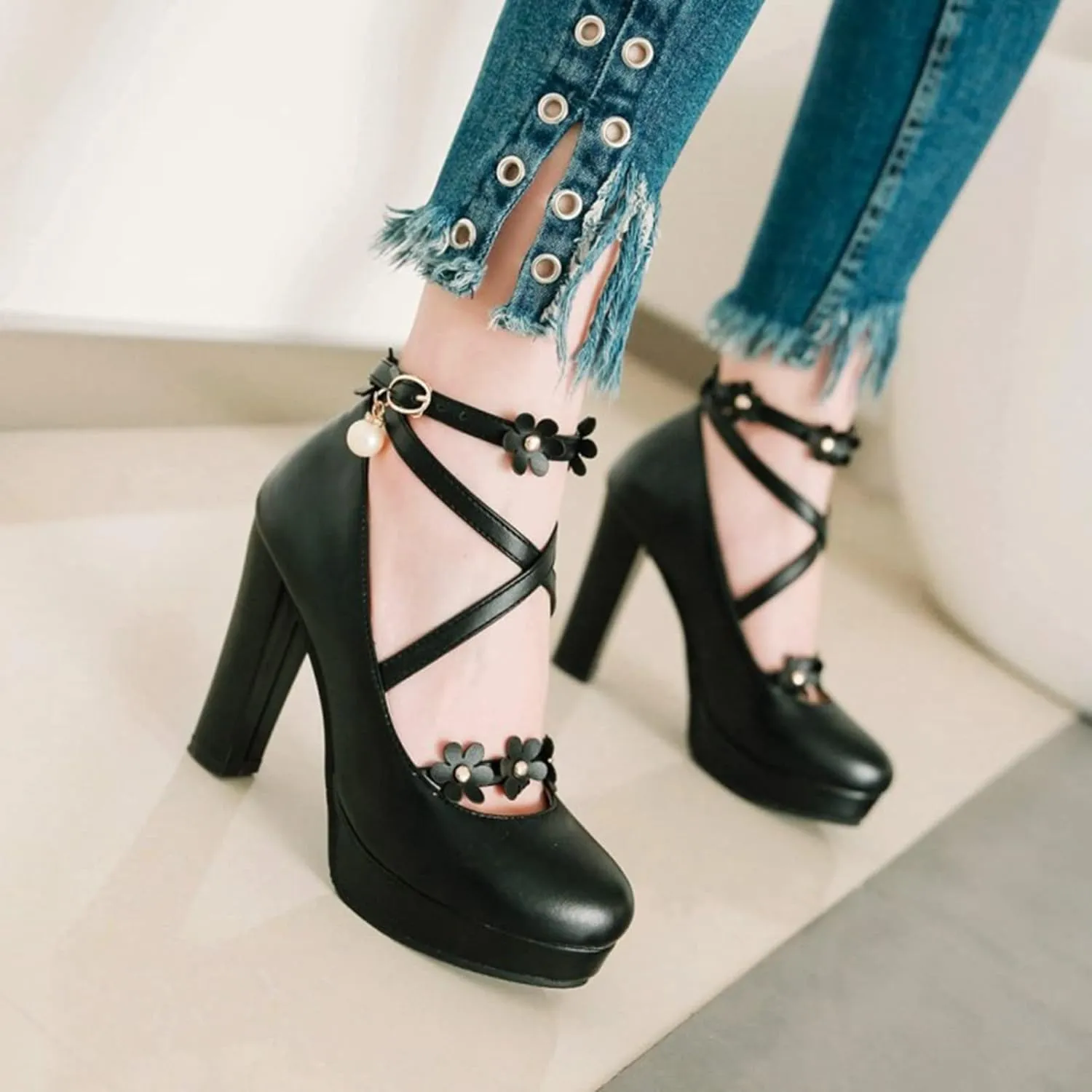 Women's Platform High Heel Pumps Fashion Flower Criss Cross Strappy Round Toe Fashion Party Dress Shoes