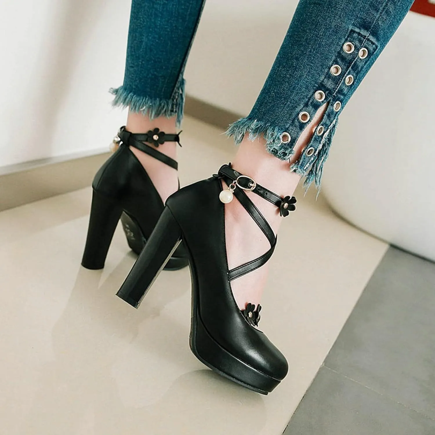 Women's Platform High Heel Pumps Fashion Flower Criss Cross Strappy Round Toe Fashion Party Dress Shoes