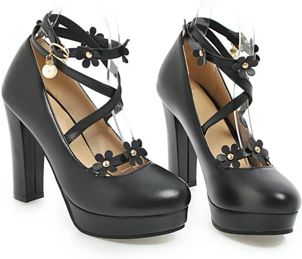 Women's Platform High Heel Pumps Fashion Flower Criss Cross Strappy Round Toe Fashion Party Dress Shoes