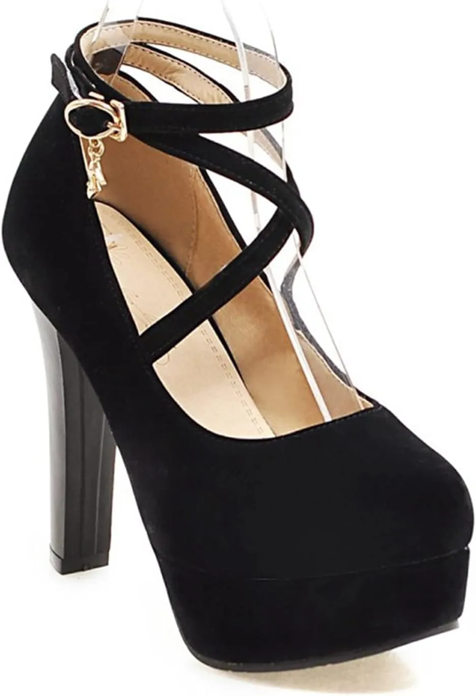 Women's Platform High Heels Closed Toe Pumps Strappy Cross Ankle Strap Suede Wedding Prom Party Shoes