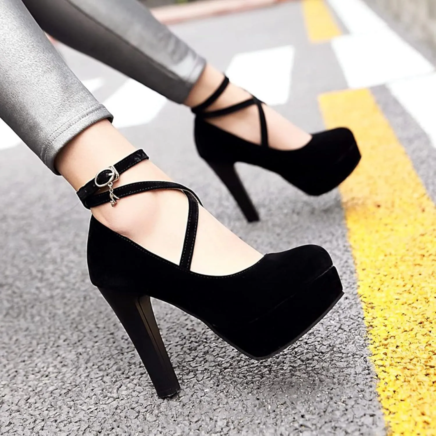 Women's Platform High Heels Closed Toe Pumps Strappy Cross Ankle Strap Suede Wedding Prom Party Shoes