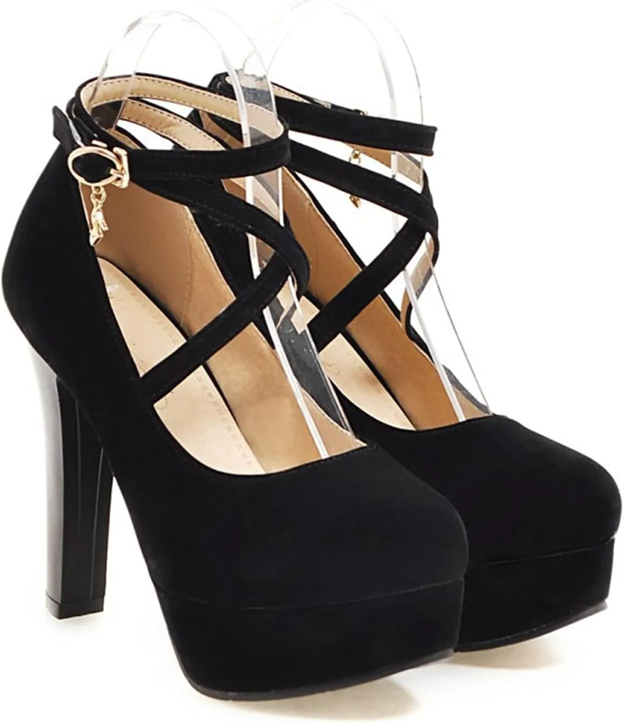 Women's Platform High Heels Closed Toe Pumps Strappy Cross Ankle Strap Suede Wedding Prom Party Shoes