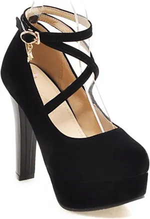 Women's Platform High Heels Closed Toe Pumps Strappy Cross Ankle Strap Suede Wedding Prom Party Shoes
