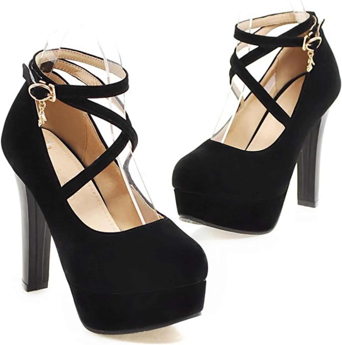 Women's Platform High Heels Closed Toe Pumps Strappy Cross Ankle Strap Suede Wedding Prom Party Shoes