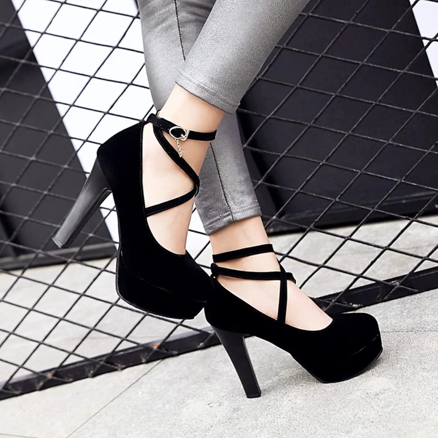 Women's Platform High Heels Closed Toe Pumps Strappy Cross Ankle Strap Suede Wedding Prom Party Shoes