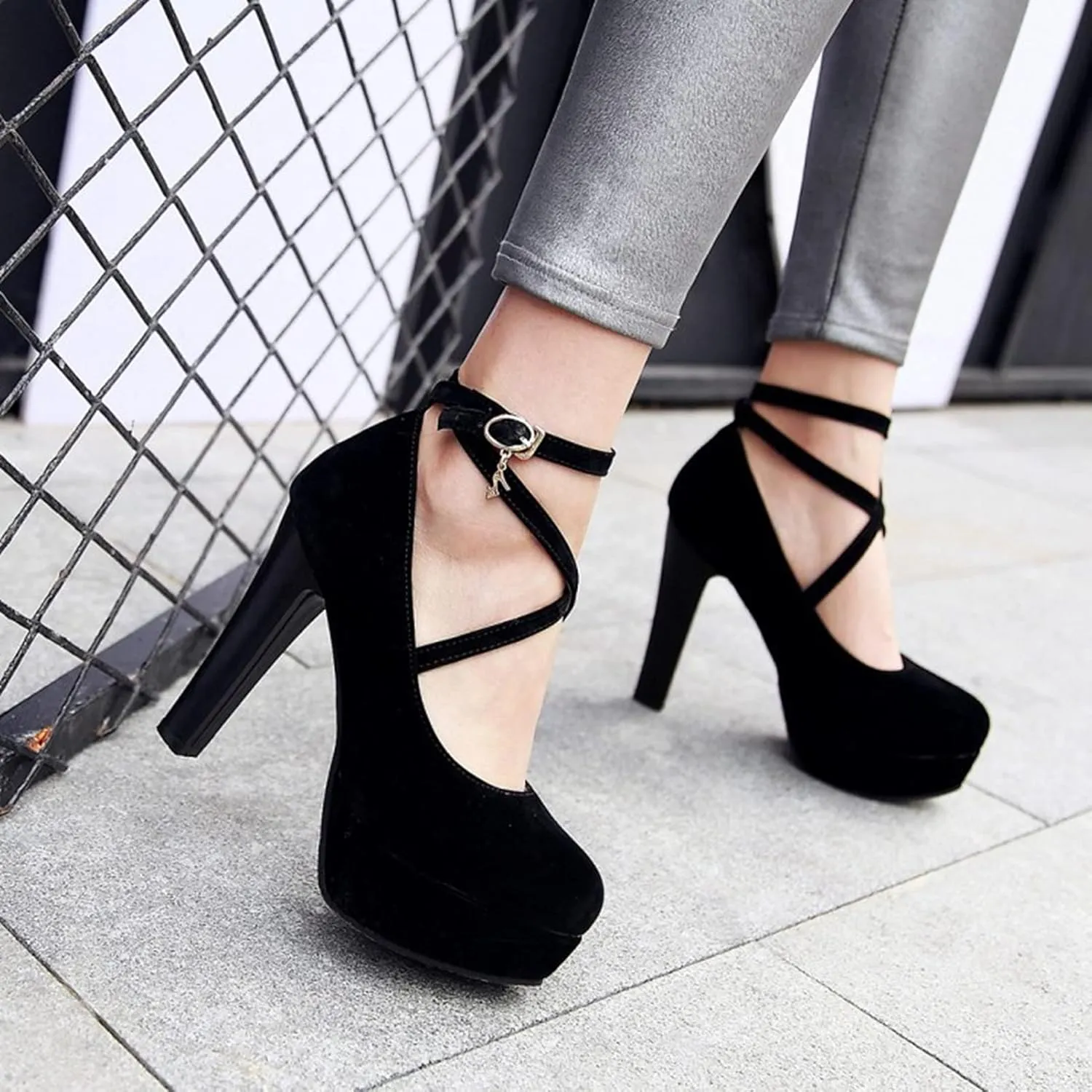 Women's Platform High Heels Closed Toe Pumps Strappy Cross Ankle Strap Suede Wedding Prom Party Shoes