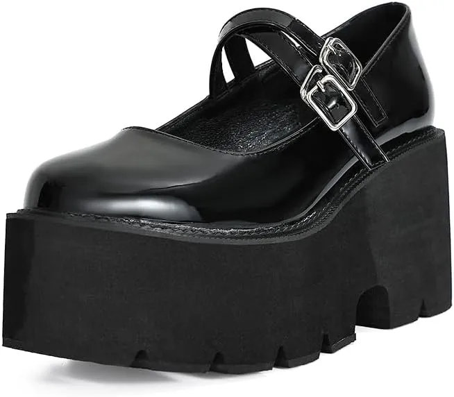 Women's Platform Mary Jane Shoes Vintage Round Toe Buckle Strap Casual Slip-on Walking Shoes