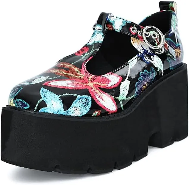 Women's Platform Mary Jane Shoes Vintage Round Toe Buckle Strap Casual Slip-on Walking Shoes