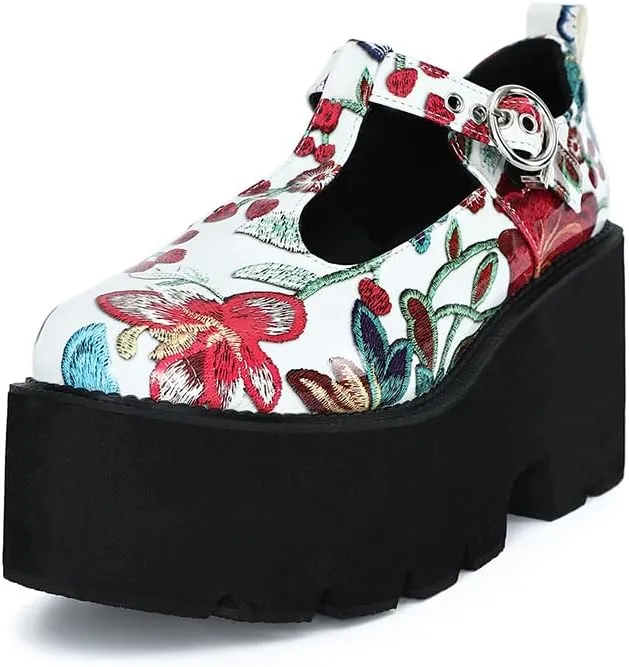 Women's Platform Mary Jane Shoes Vintage Round Toe Buckle Strap Casual Slip-on Walking Shoes