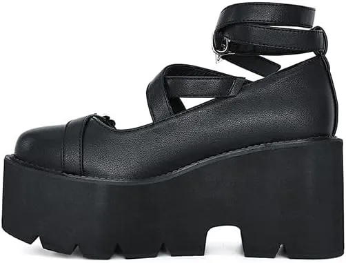 Women's Platform Mary Jane Shoes Vintage Round Toe Buckle Strap Casual Slip-on Walking Shoes