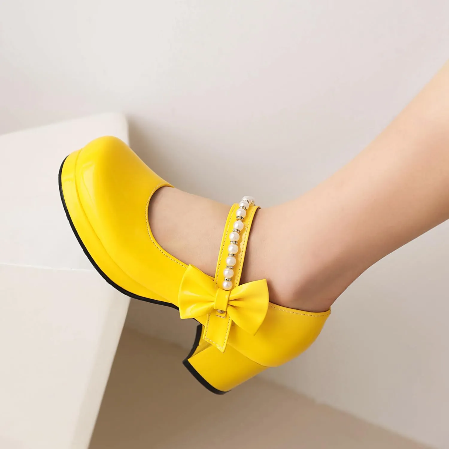 Women's Platform Mary Janes Chunky High Heel Kawaii Ankle Strap Patent Pumps Closed Round Toe Cute Bow Party Dress Goth Shoes