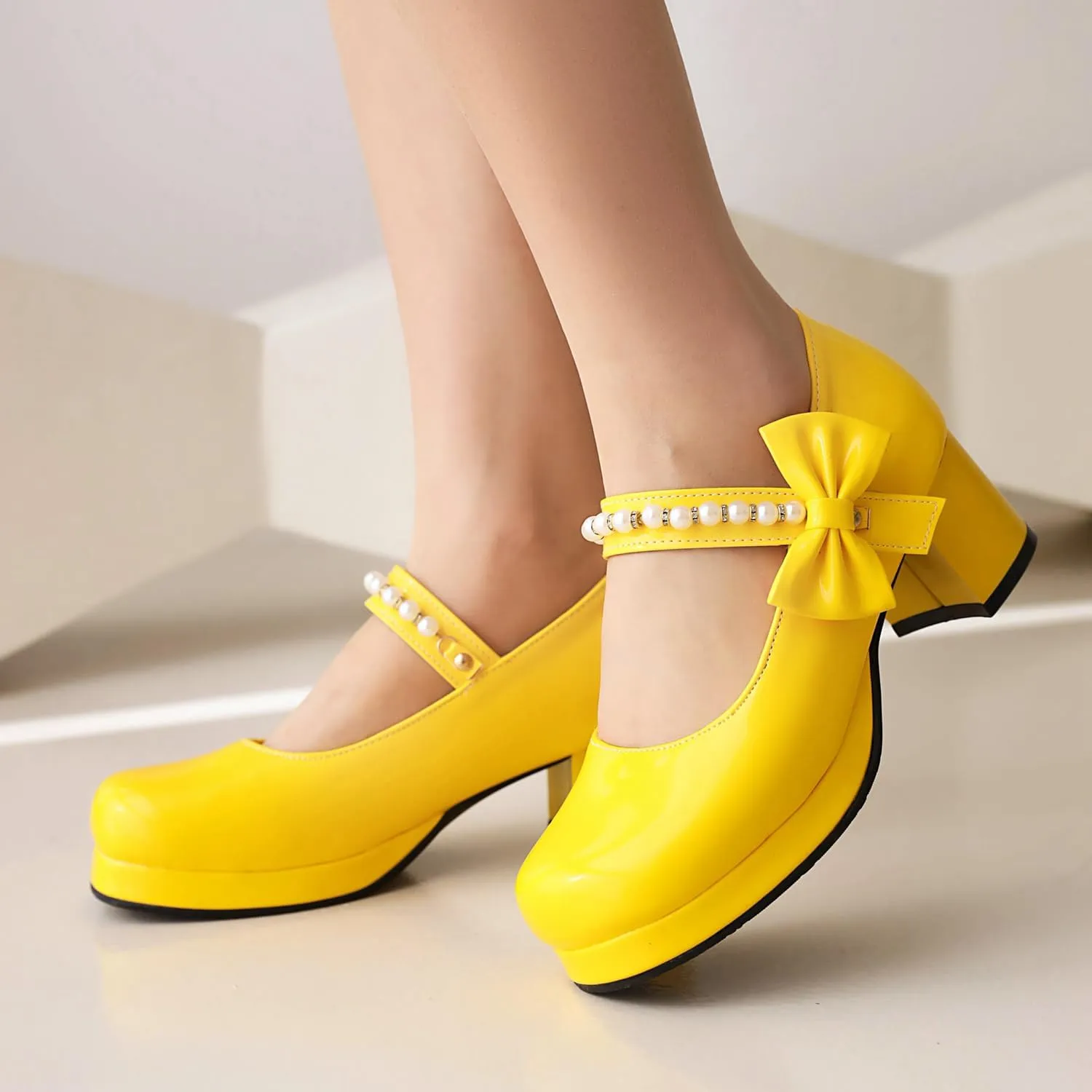 Women's Platform Mary Janes Chunky High Heel Kawaii Ankle Strap Patent Pumps Closed Round Toe Cute Bow Party Dress Goth Shoes