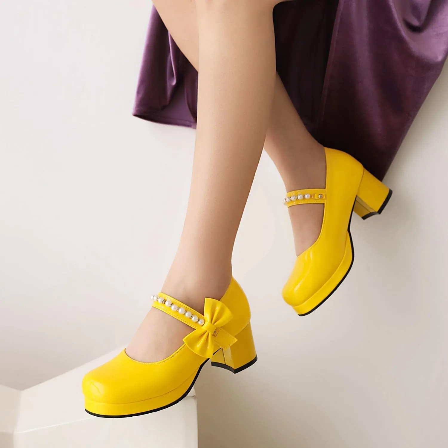 Women's Platform Mary Janes Chunky High Heel Kawaii Ankle Strap Patent Pumps Closed Round Toe Cute Bow Party Dress Goth Shoes