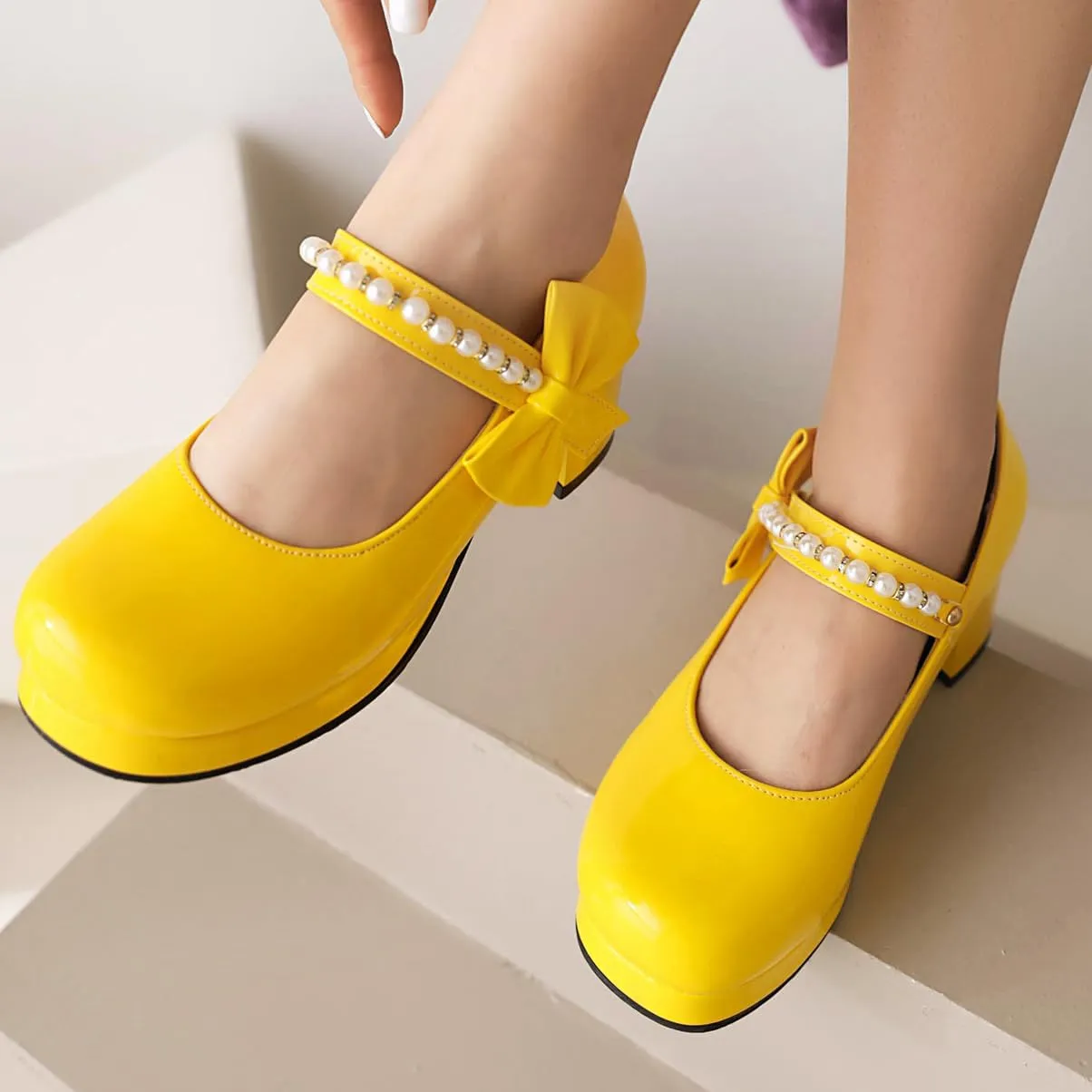 Women's Platform Mary Janes Chunky High Heel Kawaii Ankle Strap Patent Pumps Closed Round Toe Cute Bow Party Dress Goth Shoes