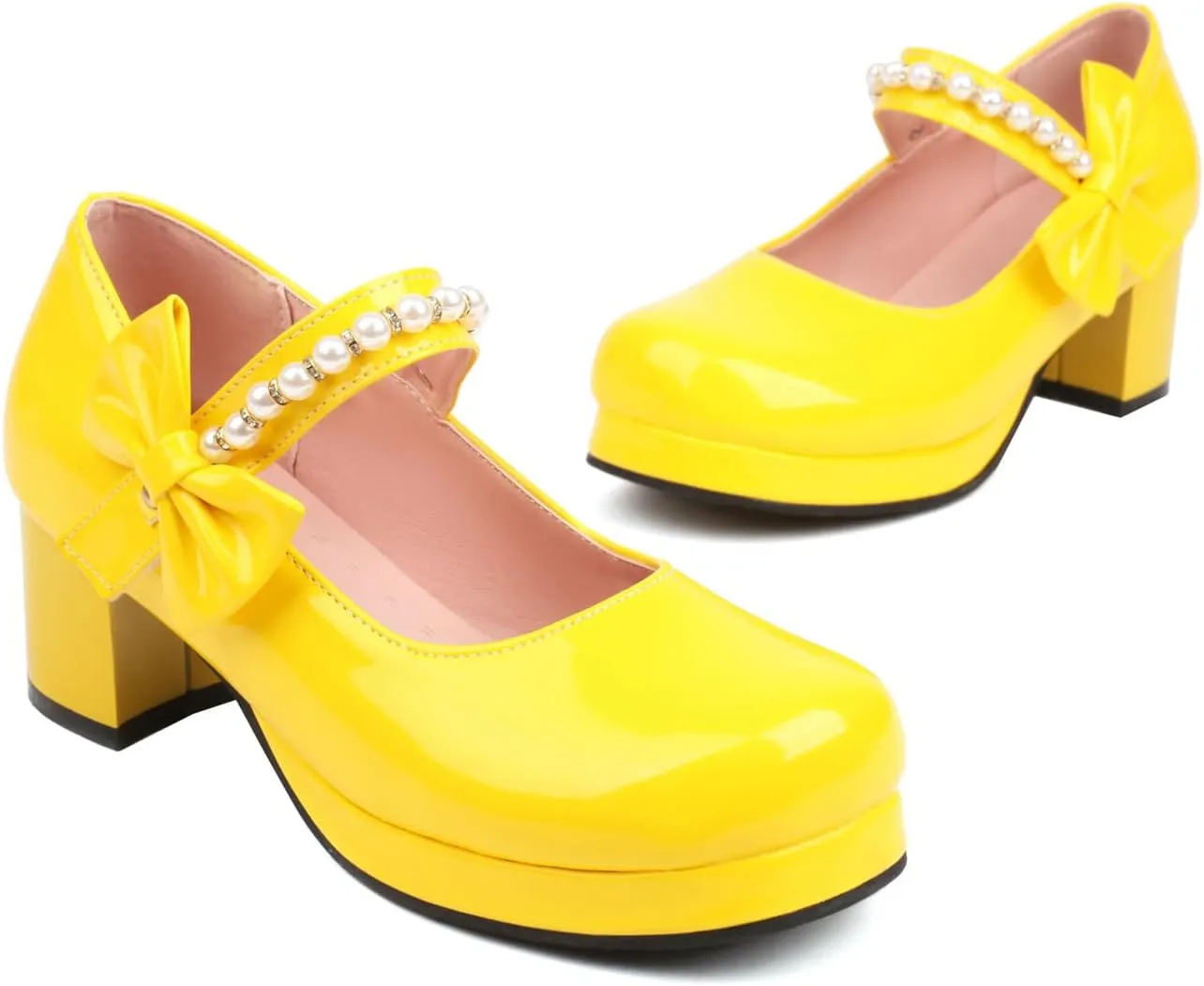 Women's Platform Mary Janes Chunky High Heel Kawaii Ankle Strap Patent Pumps Closed Round Toe Cute Bow Party Dress Goth Shoes