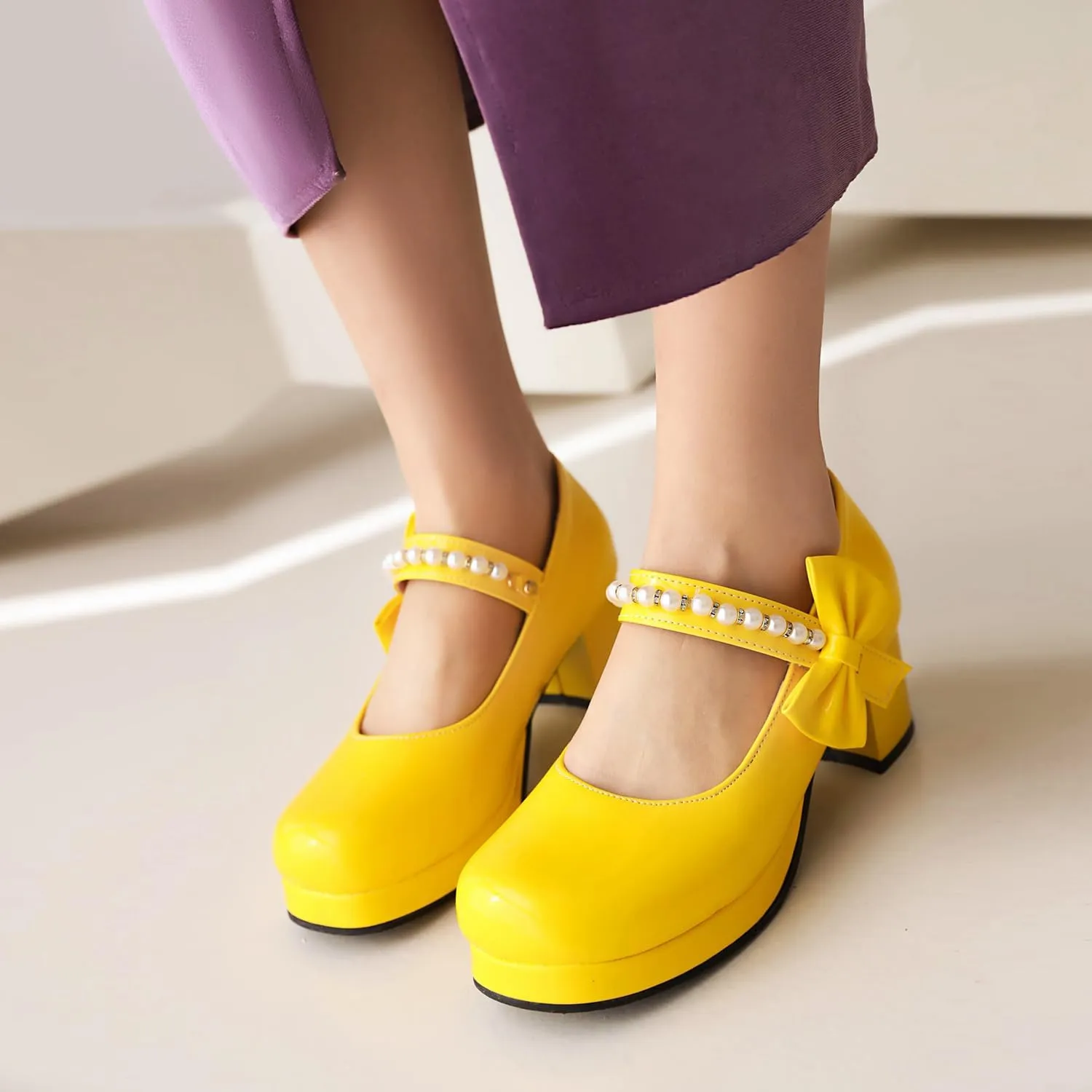 Women's Platform Mary Janes Chunky High Heel Kawaii Ankle Strap Patent Pumps Closed Round Toe Cute Bow Party Dress Goth Shoes