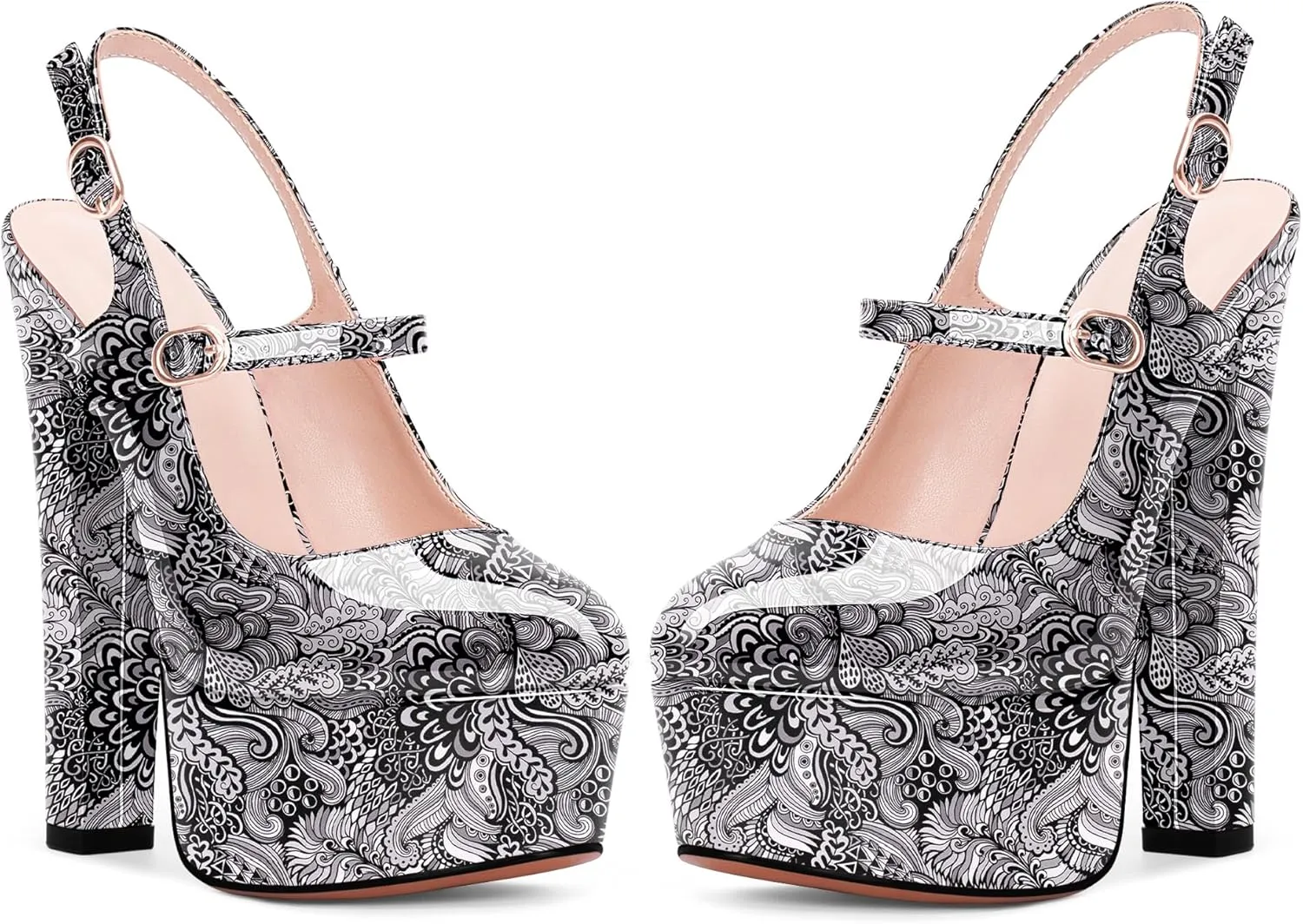 Women's Platform Sexy Chunky High Heel Slingbacks Pumps Round Toe Ankle Strap Party Dress Shoes