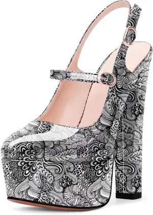 Women's Platform Sexy Chunky High Heel Slingbacks Pumps Round Toe Ankle Strap Party Dress Shoes