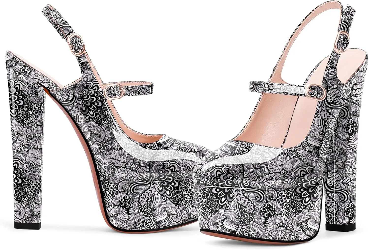 Women's Platform Sexy Chunky High Heel Slingbacks Pumps Round Toe Ankle Strap Party Dress Shoes