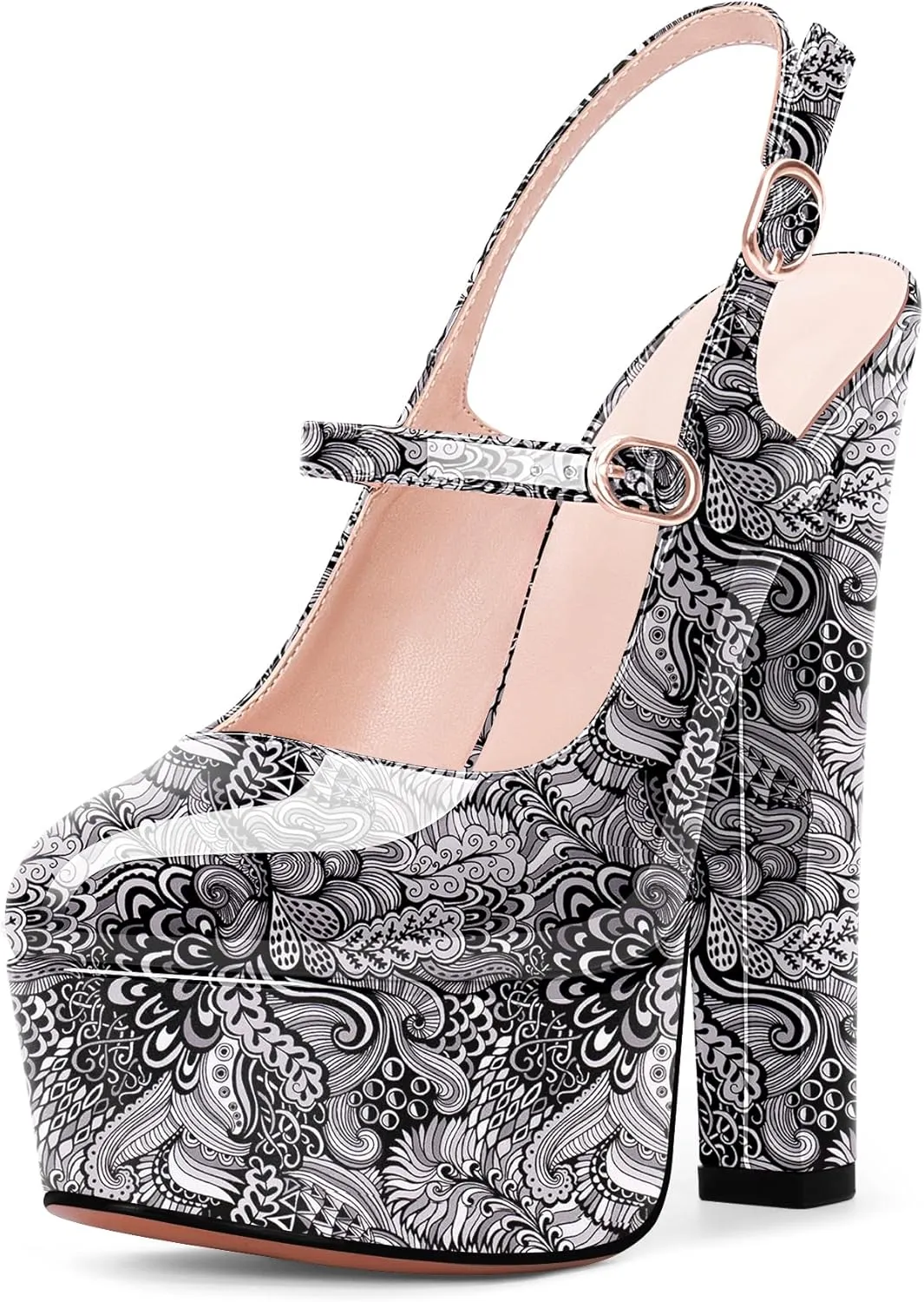 Women's Platform Sexy Chunky High Heel Slingbacks Pumps Round Toe Ankle Strap Party Dress Shoes
