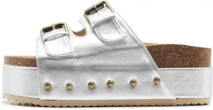 Women's Platform Slide Sandals Comfortable Cork Footbed Studded Clogs Adjustable Buckle Straps Open Toe Flatform Sandal Summer Slipper