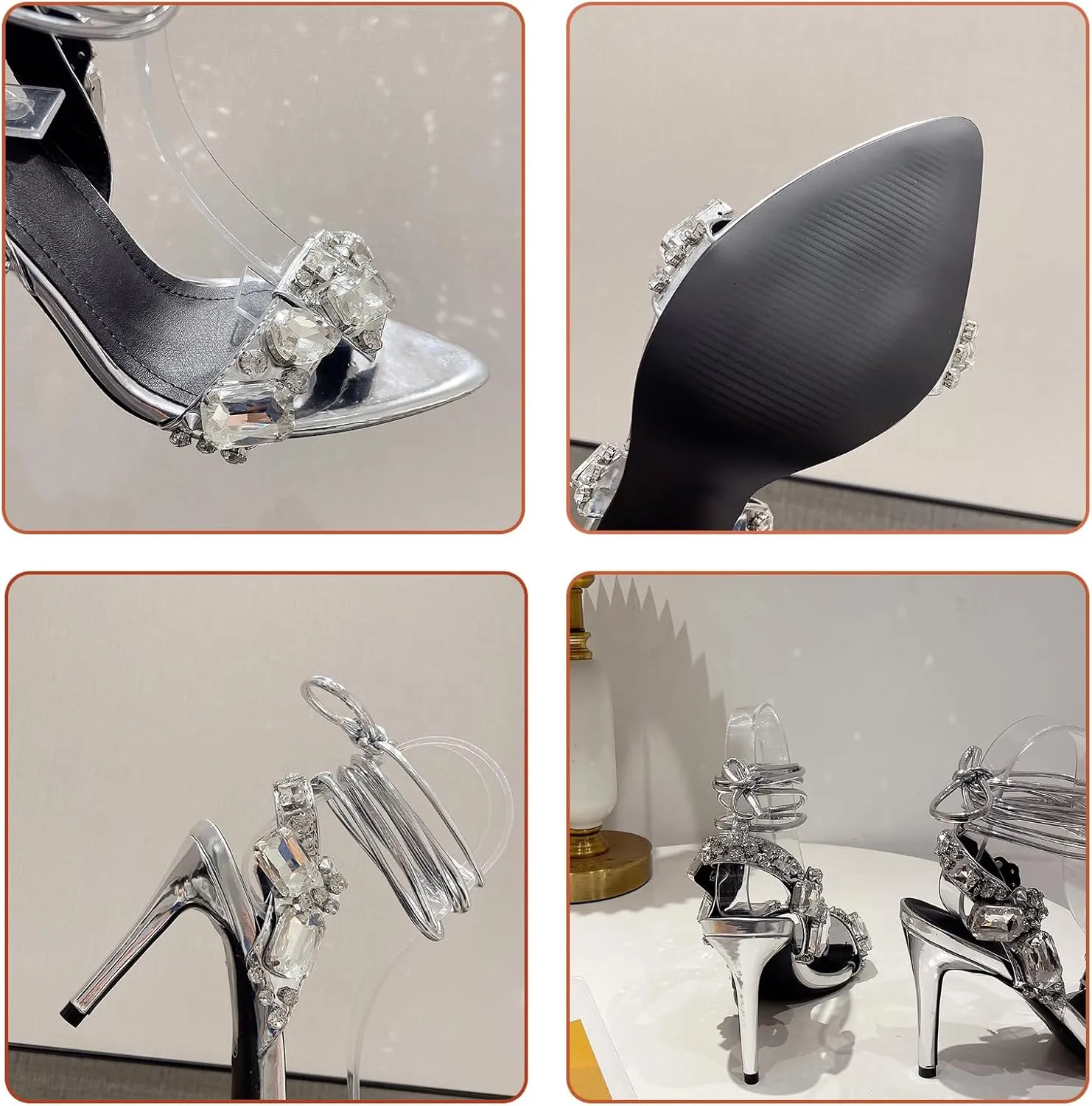 Women's Pointed Open Toe Strappy Heels Ankle Strap Rhinestone Stiletto Heeled Sandals Wedding Bridal Party Dress Shoes
