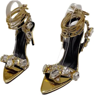 Women's Pointed Open Toe Strappy Heels Ankle Strap Rhinestone Stiletto Heeled Sandals Wedding Bridal Party Dress Shoes