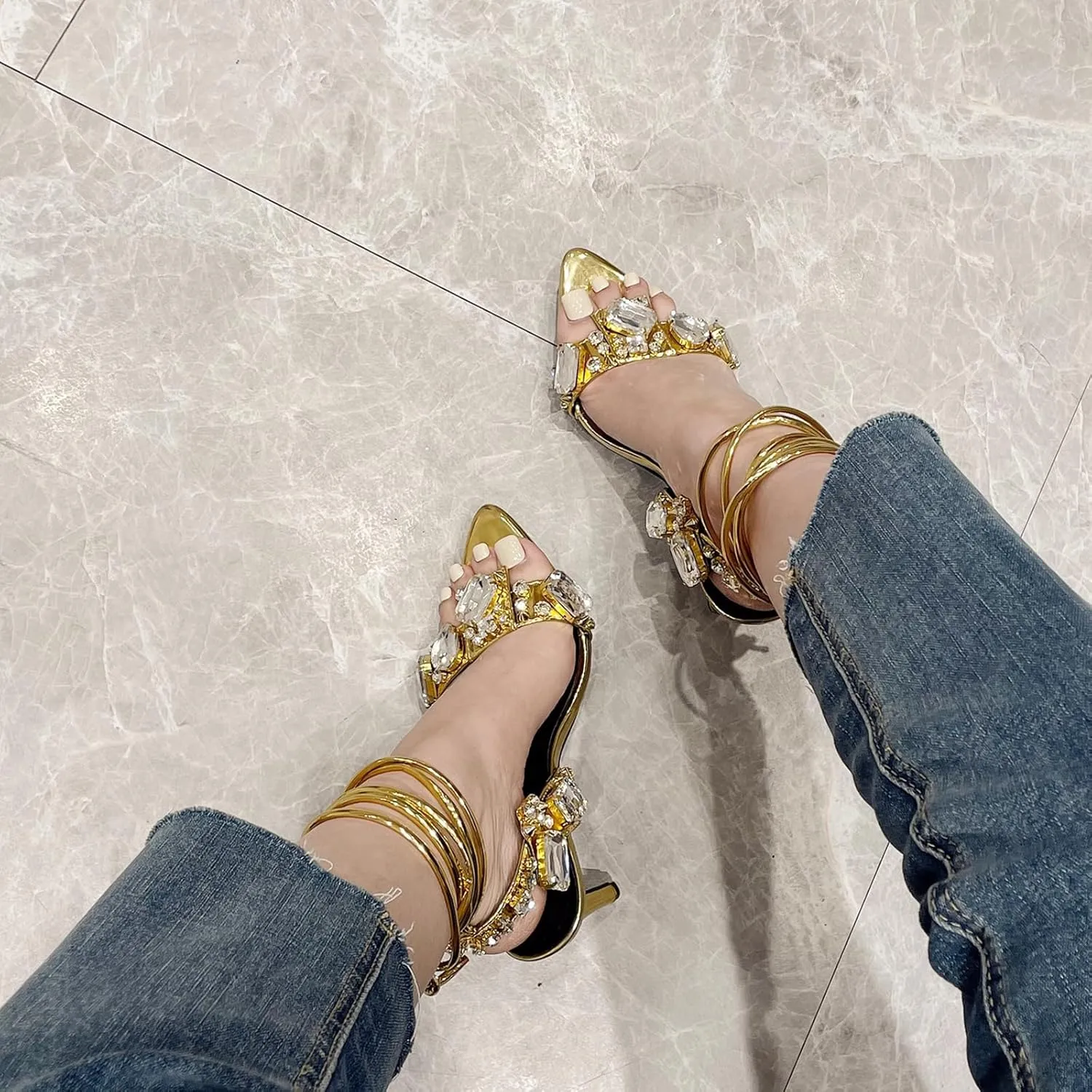 Women's Pointed Open Toe Strappy Heels Ankle Strap Rhinestone Stiletto Heeled Sandals Wedding Bridal Party Dress Shoes
