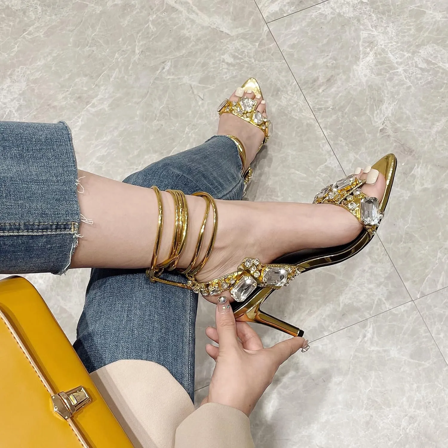 Women's Pointed Open Toe Strappy Heels Ankle Strap Rhinestone Stiletto Heeled Sandals Wedding Bridal Party Dress Shoes