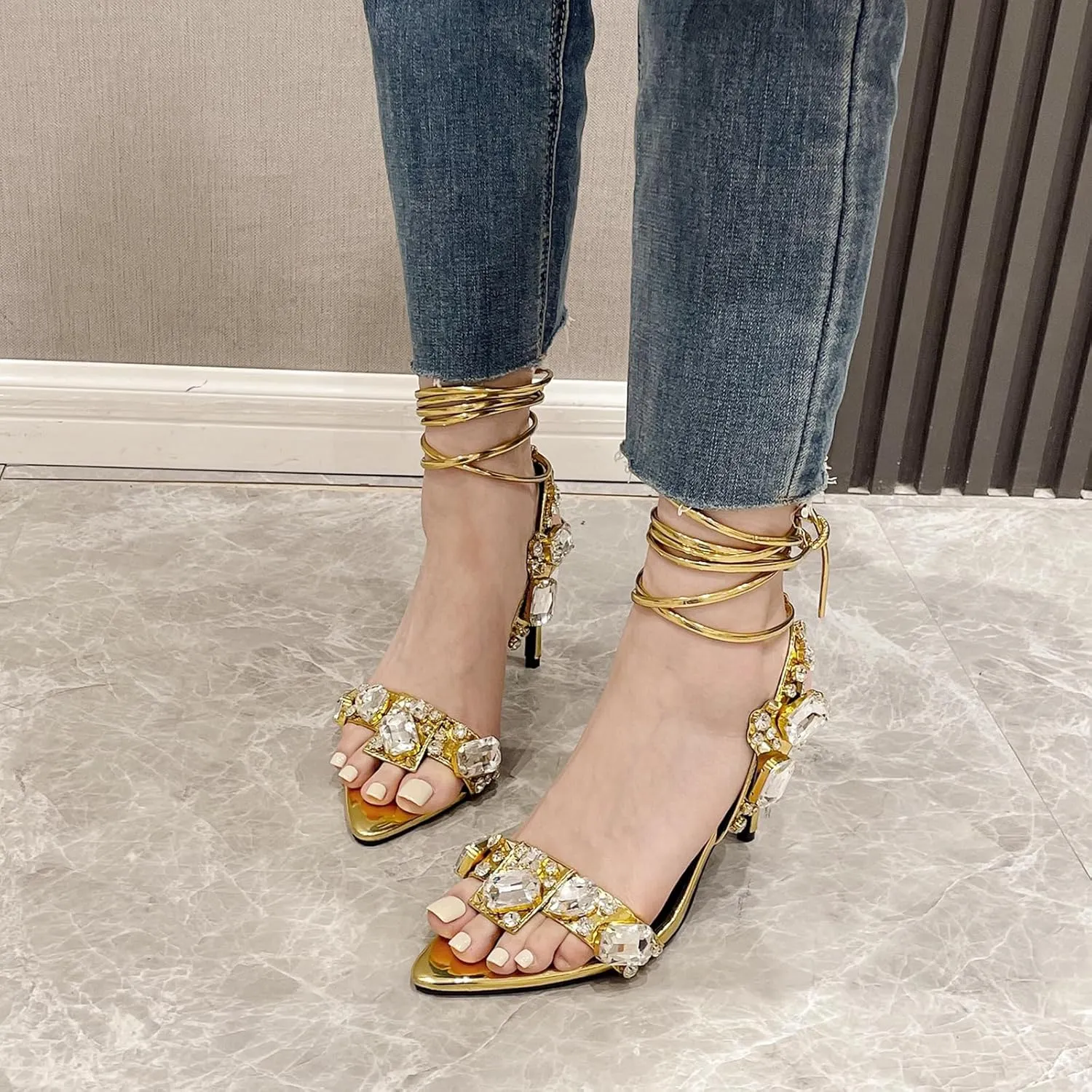 Women's Pointed Open Toe Strappy Heels Ankle Strap Rhinestone Stiletto Heeled Sandals Wedding Bridal Party Dress Shoes