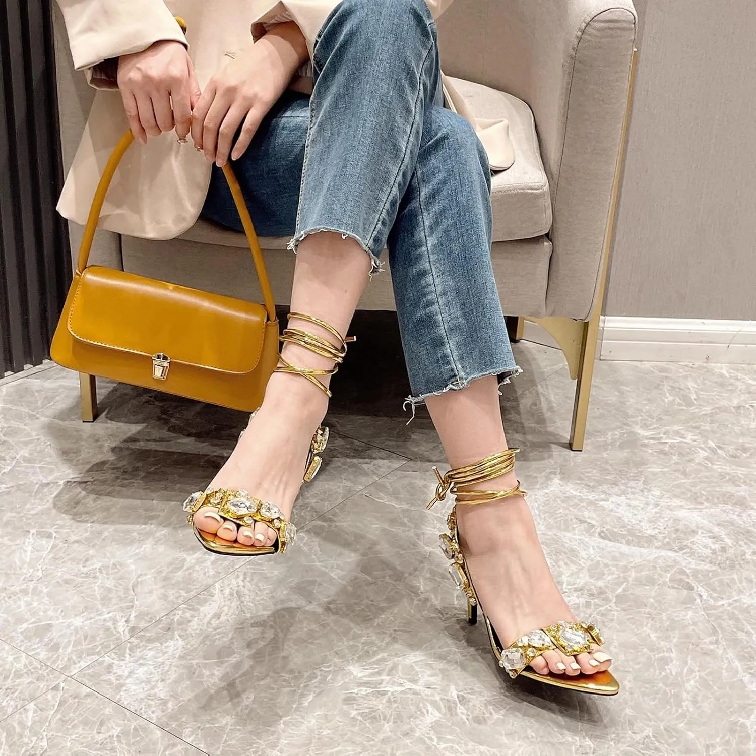 Women's Pointed Open Toe Strappy Heels Ankle Strap Rhinestone Stiletto Heeled Sandals Wedding Bridal Party Dress Shoes