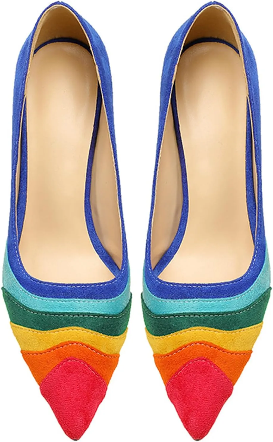 Women's Pointed Toe Rainbow Suede Pumps,Fashion Stitching Color Slip On Closed Toe Comfort Chunky Heeled Office Party Dress High Heel Shoes Classic Stilettos