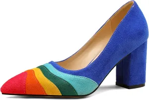 Women's Pointed Toe Rainbow Suede Pumps,Fashion Stitching Color Slip On Closed Toe Comfort Chunky Heeled Office Party Dress High Heel Shoes Classic Stilettos