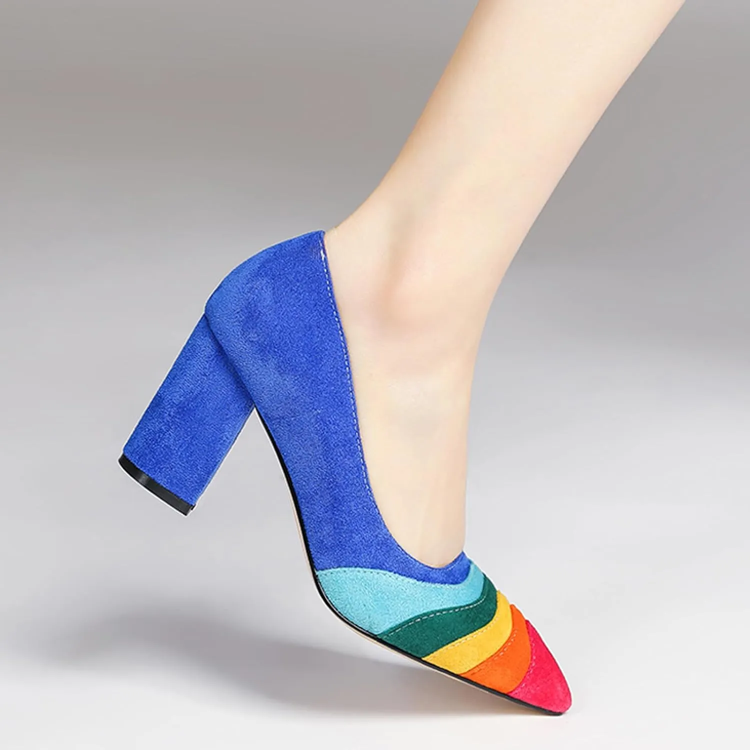 Women's Pointed Toe Rainbow Suede Pumps,Fashion Stitching Color Slip On Closed Toe Comfort Chunky Heeled Office Party Dress High Heel Shoes Classic Stilettos
