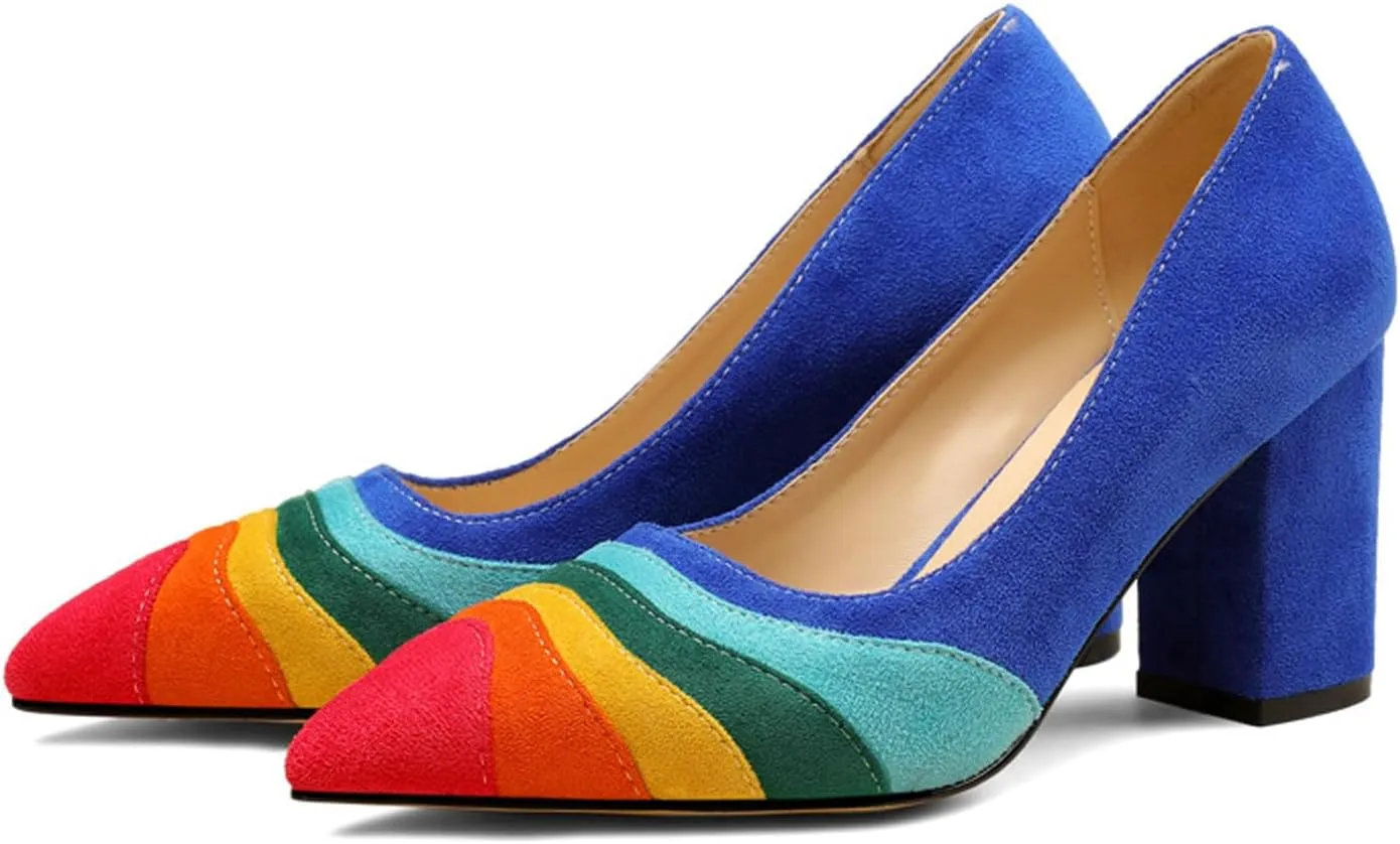 Women's Pointed Toe Rainbow Suede Pumps,Fashion Stitching Color Slip On Closed Toe Comfort Chunky Heeled Office Party Dress High Heel Shoes Classic Stilettos
